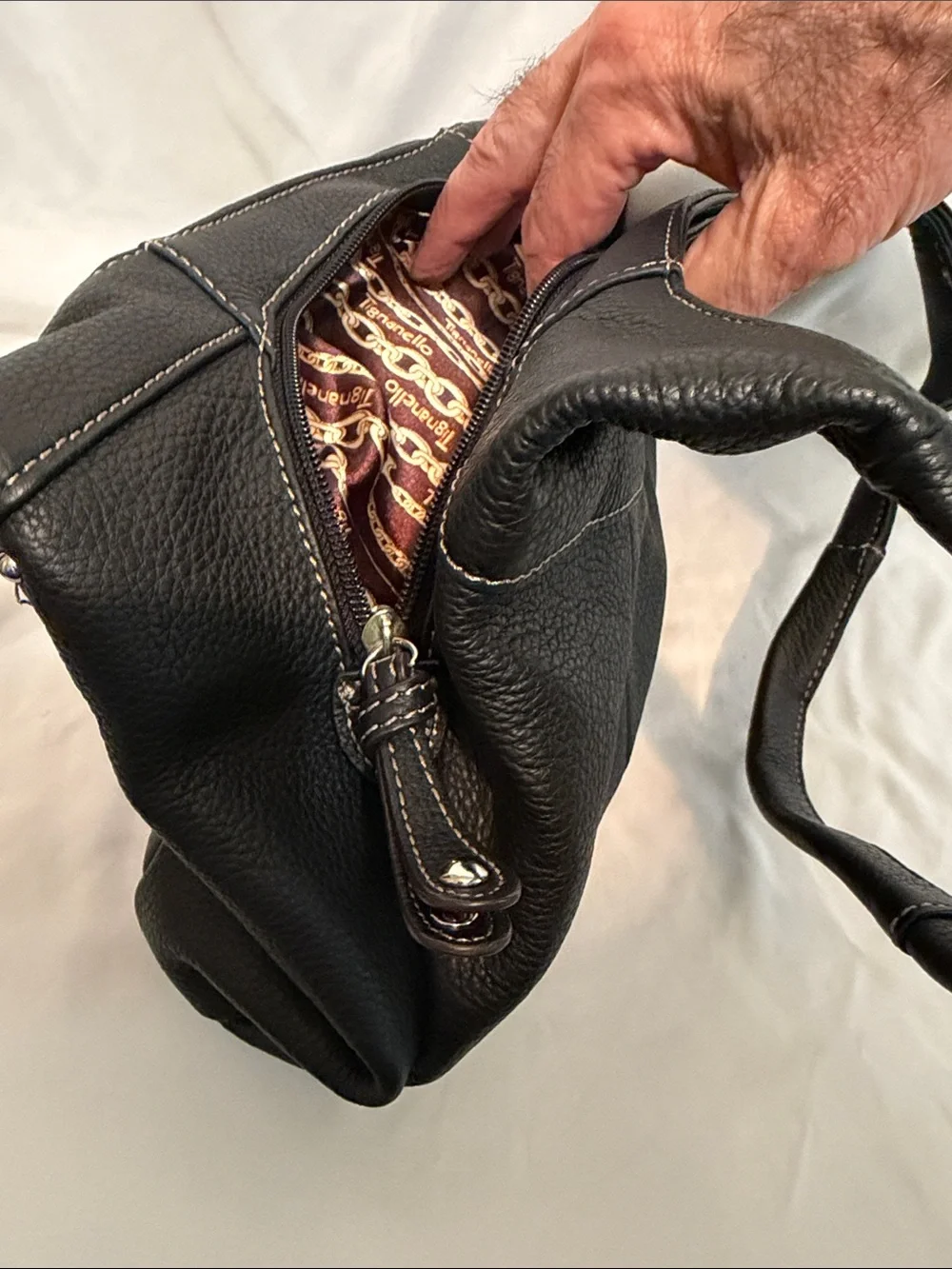 Tignanello Classic Black Leather Tote Bag with Zip Pockets